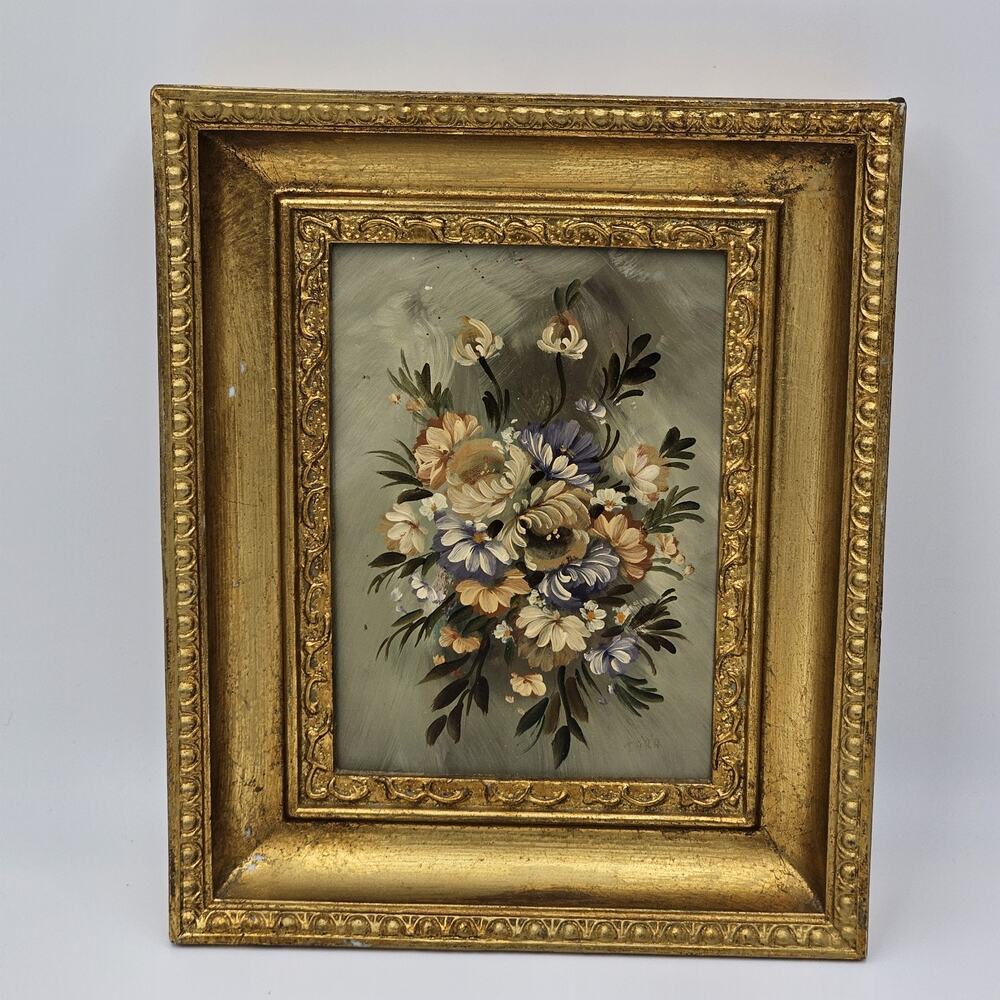 VTG Tara Productions Oil on Board Still Life Flowers Framed Painting Italy